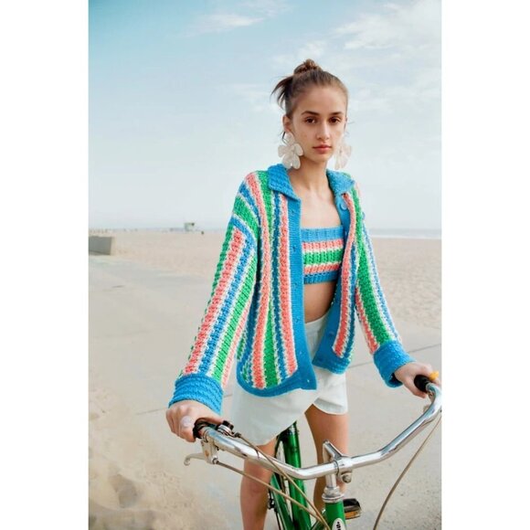 NWOT Zara multicolour horizontal stripe pattern knit crop top, M - Picture 1 of 8